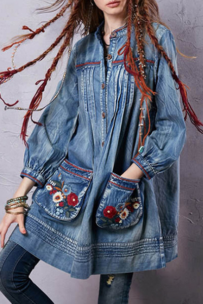 Denim Round Neck Long Sleeve A Line Dress - Image 2